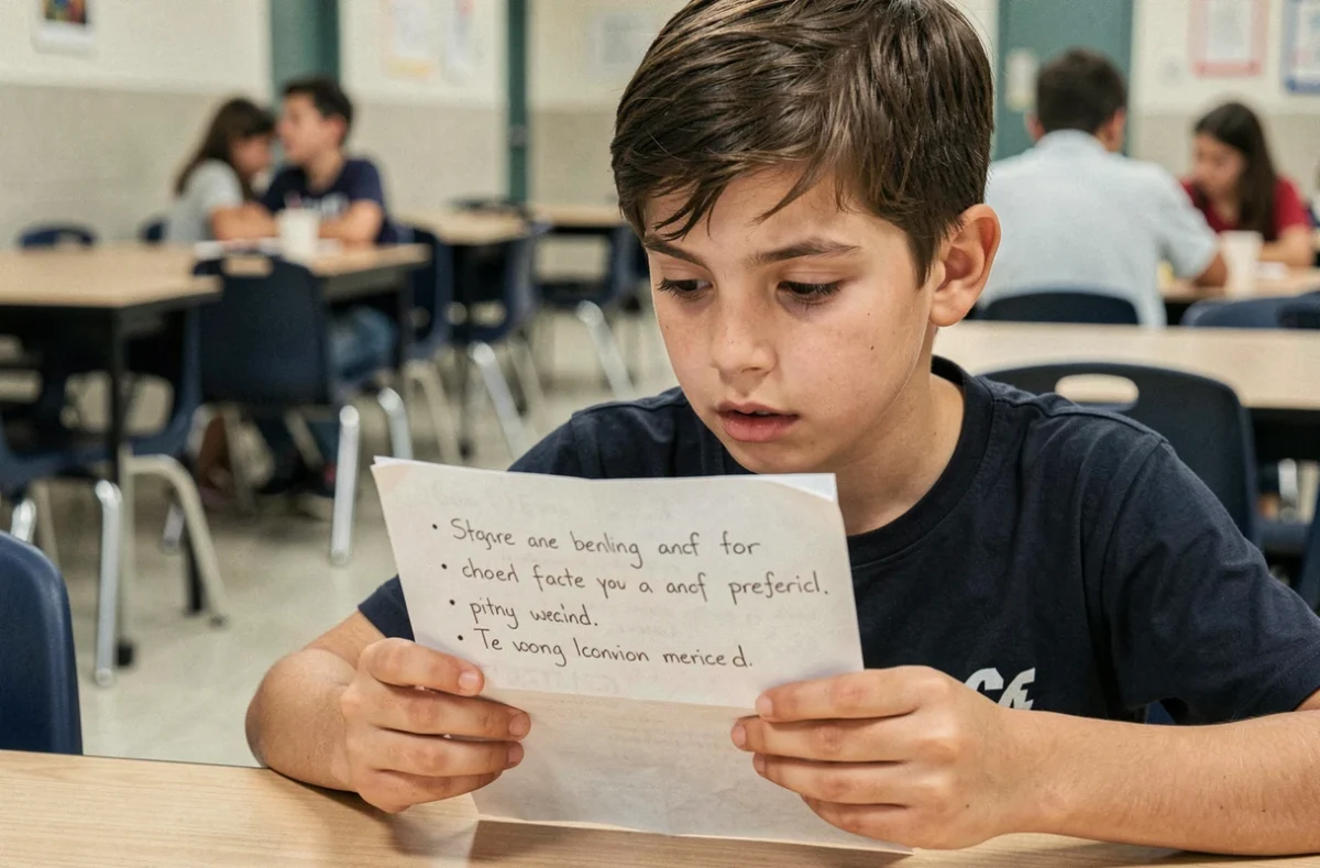 Collégien révisant son discours de délégué dans la cafétéria de son école, relisant ses notes manuscrites avec concentration avant l'élection
