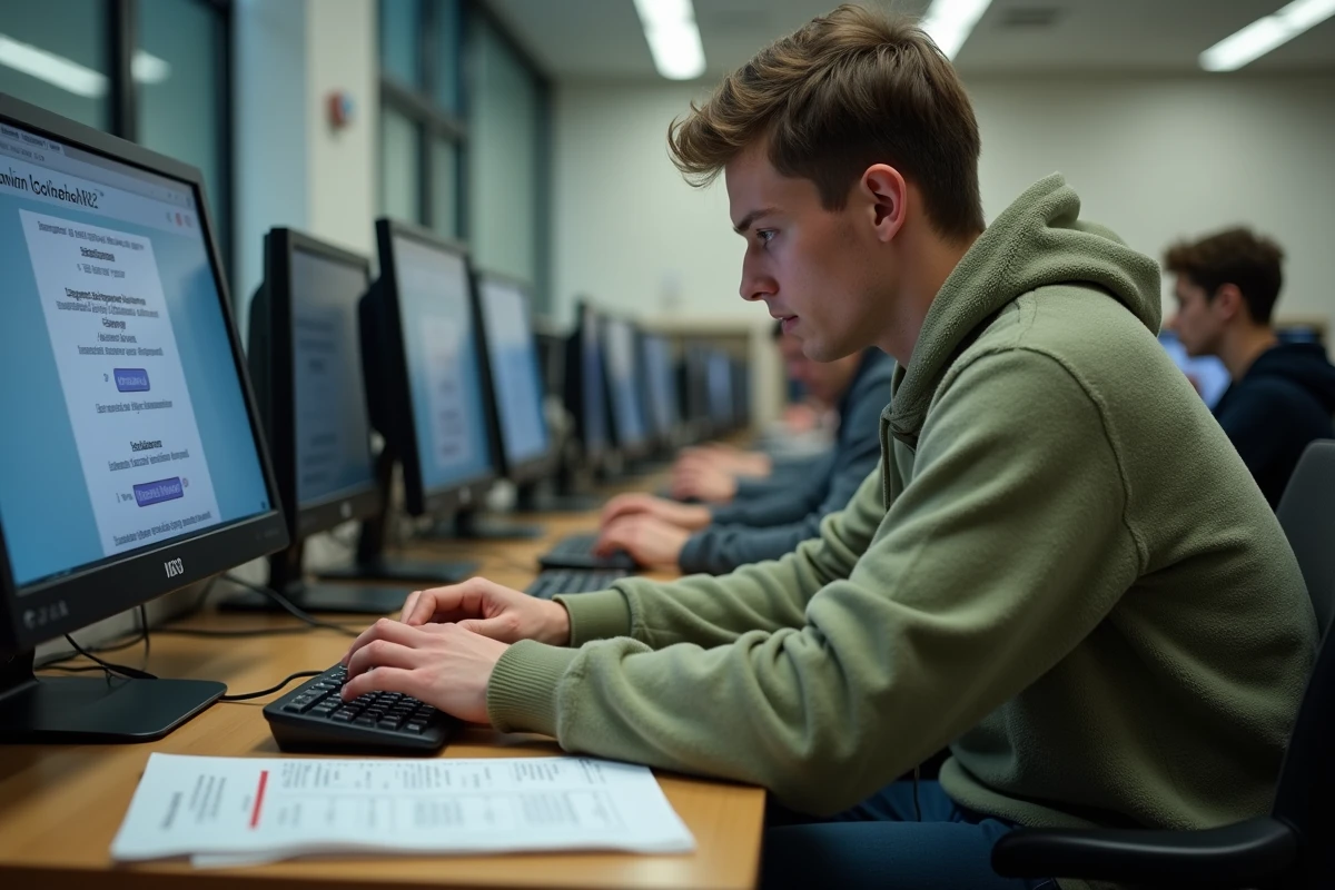 Étudiant en salle informatique universitaire face à un message d'indisponibilité du serveur ENT avec un emploi du temps imprimé à côté