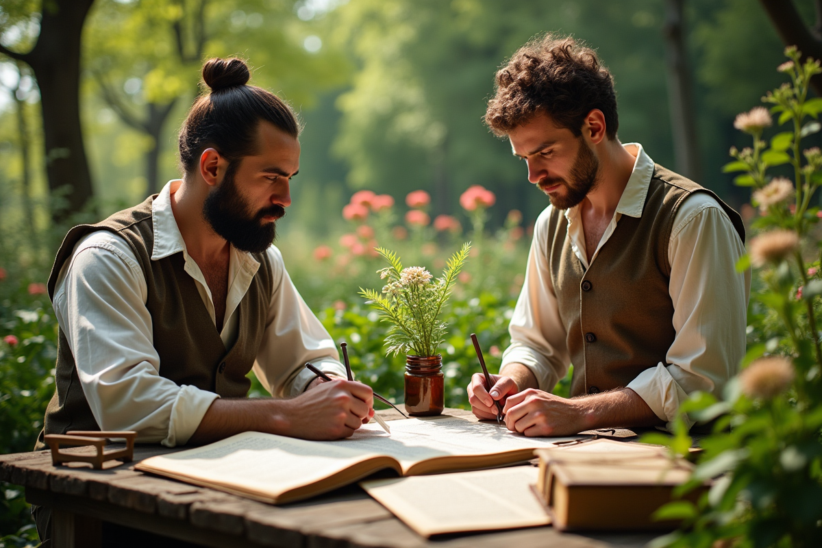 Jeunes scientifiques dans un jardin étudient des plantes sauvages