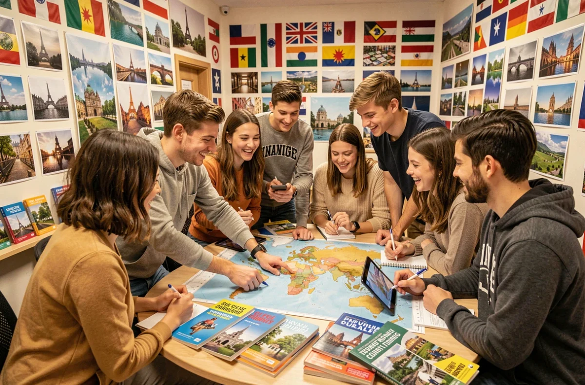 Groupe de jeunes adultes planifiant un voyage linguistique entourés de cartes et brochures multilingues dans un centre de formation