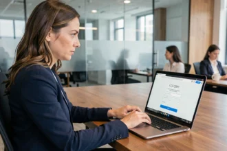 Femme professionnelle sécurisant son compte bancaire UBS ENT sur un ordinateur portable en entreprise