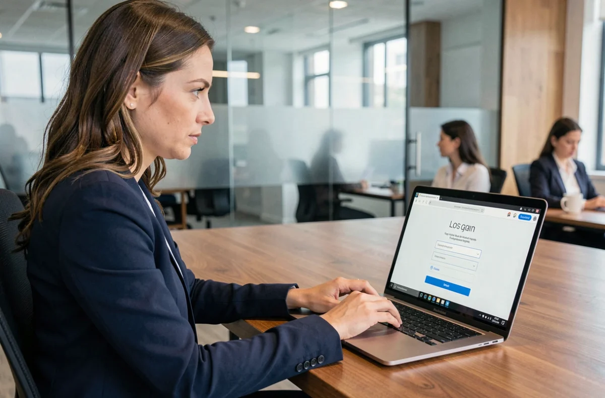 Femme professionnelle sécurisant son compte bancaire UBS ENT sur un ordinateur portable en entreprise