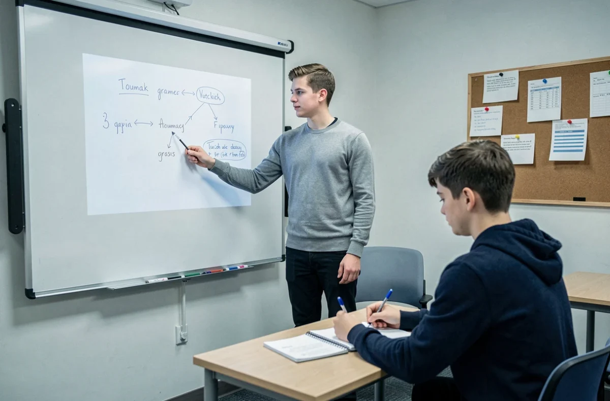 Un professeur de Solution Cours expliquant une leçon de grammaire au tableau blanc à un lycéen attentif dans une petite salle de cours privée