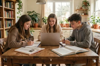 Groupe d'élèves du secondaire étudiant ensemble autour d'une table avec des manuels scolaires et un ordinateur portable, illustrant le soutien scolaire en Gironde
