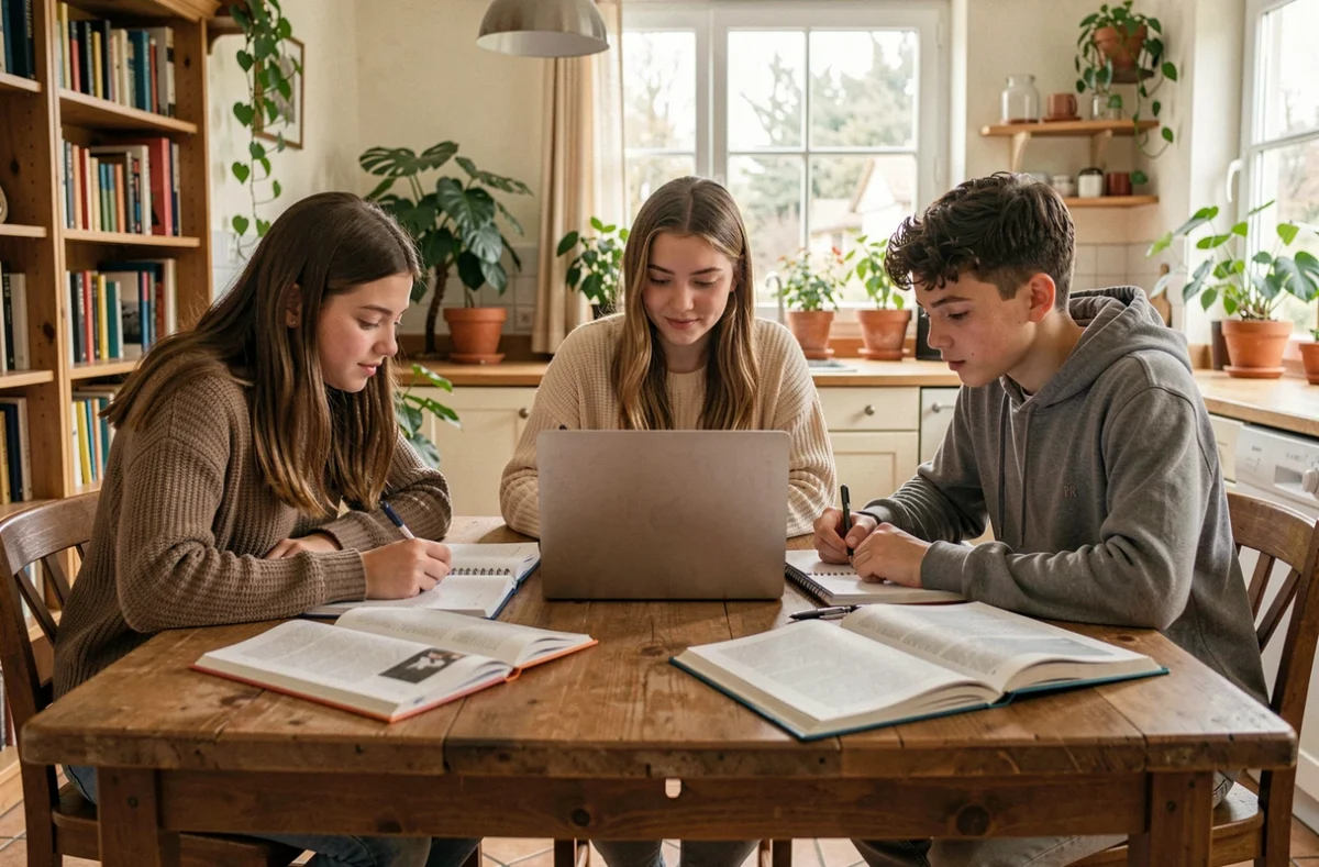 Groupe d'élèves du secondaire étudiant ensemble autour d'une table avec des manuels scolaires et un ordinateur portable, illustrant le soutien scolaire en Gironde