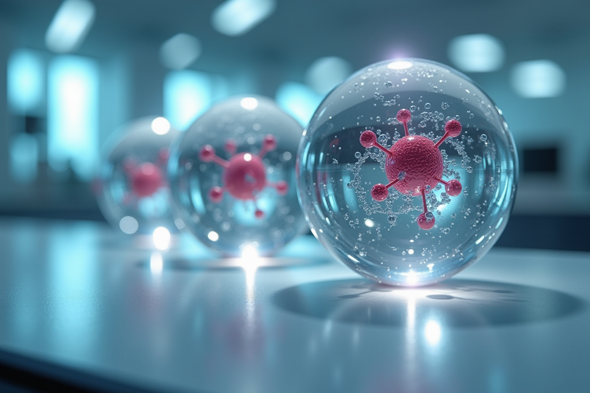 Sphères flottantes avec atomes dans un laboratoire moderne lumineux