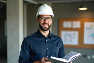 Stagiaire BTP consultant un classeur de formation qualification bâtiment dans un centre de formation professionnel