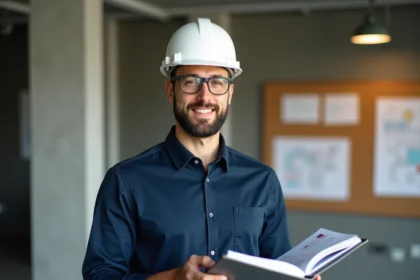 Stagiaire BTP consultant un classeur de formation qualification bâtiment dans un centre de formation professionnel