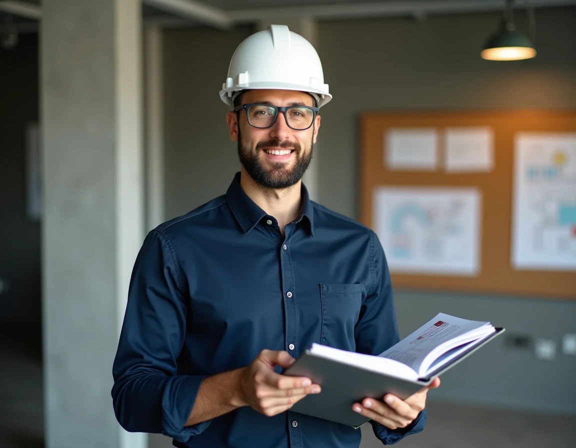 Stagiaire BTP consultant un classeur de formation qualification bâtiment dans un centre de formation professionnel