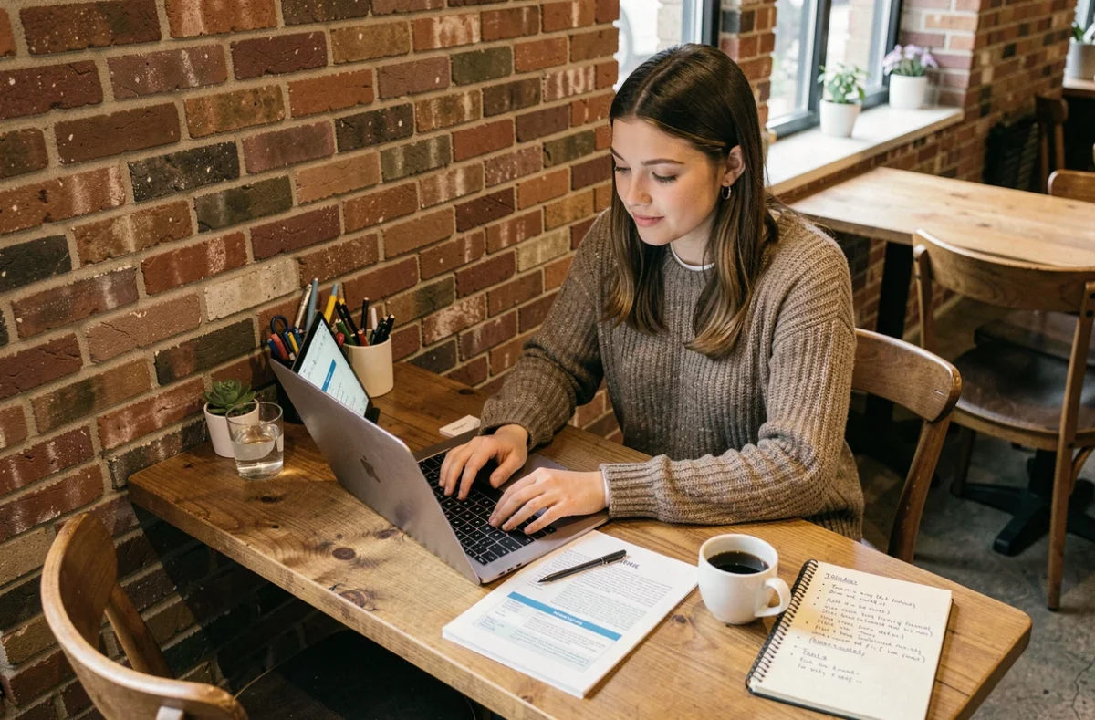 Une jeune tutrice indépendante inscrite sur Superprof travaillant dans un café avec un ordinateur portable et des notes de cours, dans une ambiance décontractée