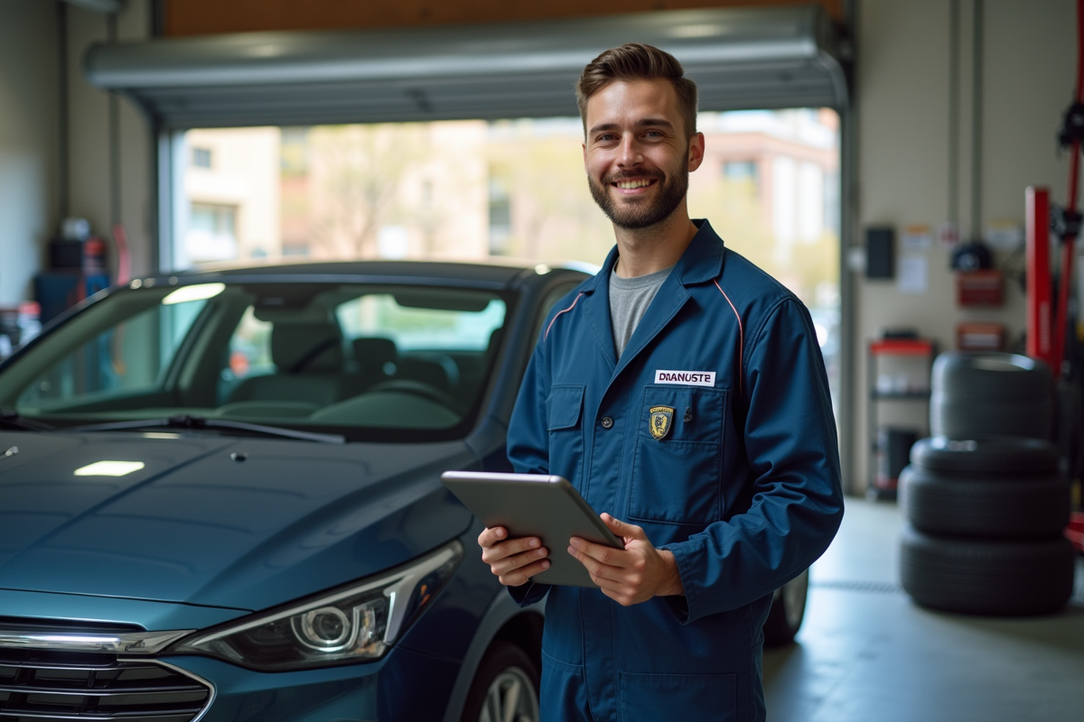 Jeune mécanicien avec tablette devant une voiture hybride dans un atelier