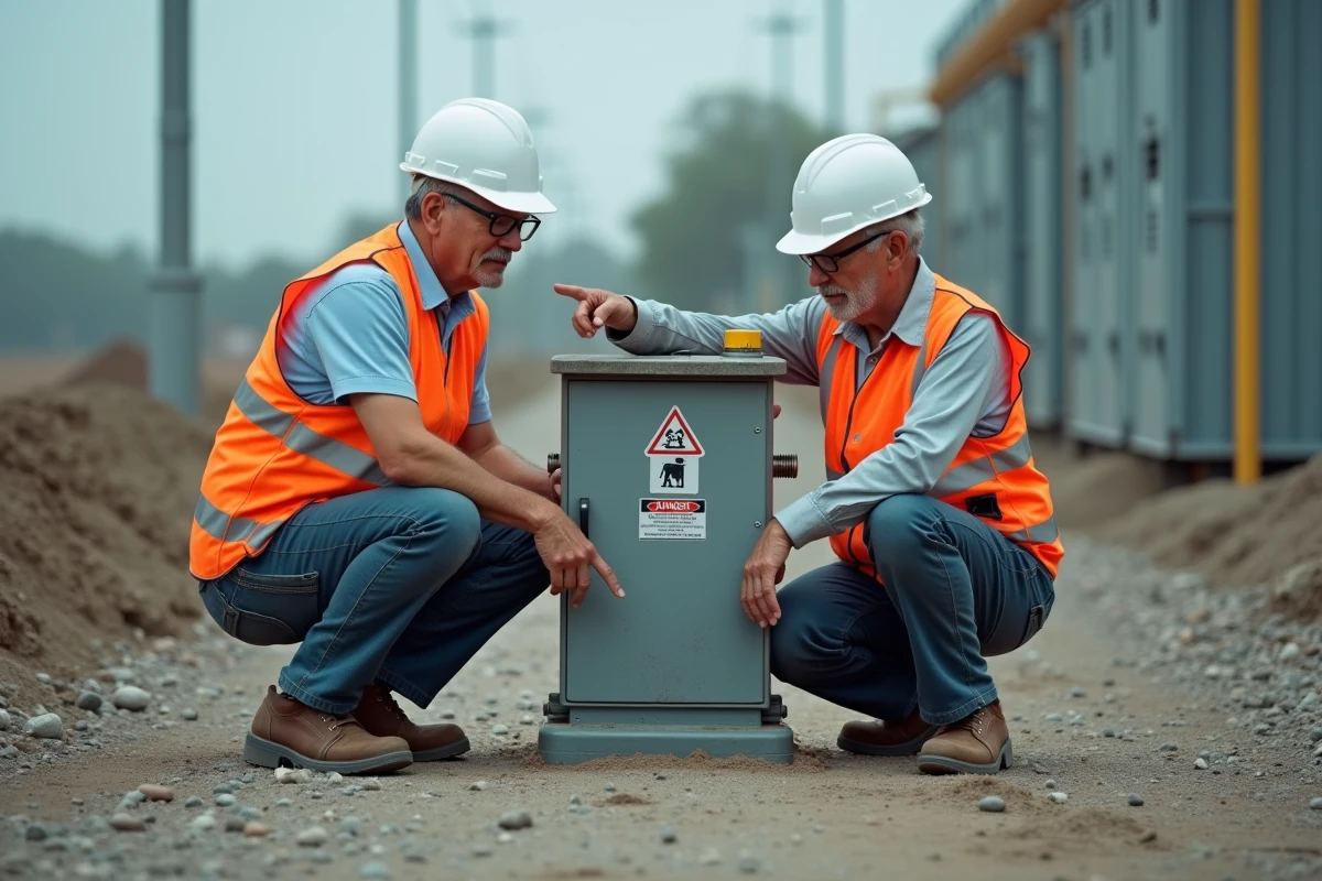 Deux travailleurs non-électriciens en gilets orange identifiant les symboles de danger sur un coffret électrique extérieur lors d'une habilitation B0 sur chantier
