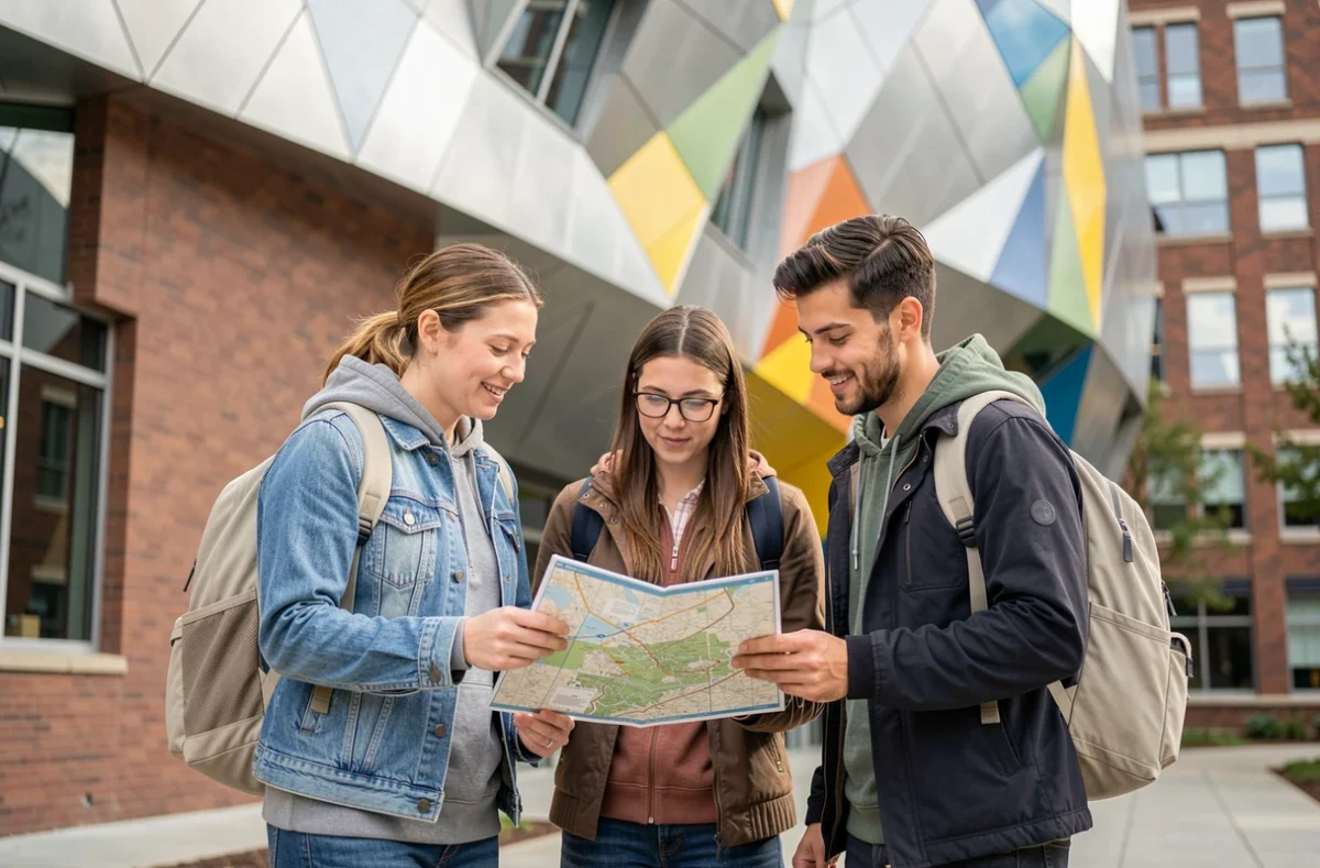 Des voyageurs francophones consultant une carte devant le bâtiment Stata Center du MIT